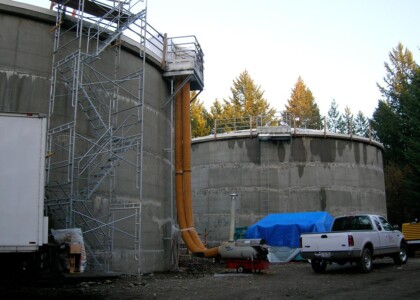 Exterior view of tank linings on large industrial tanks